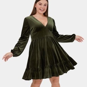 NWT Halara Olive Green Deep V-Neck Ruffle Hem Velvet Mini Dress Size 2X